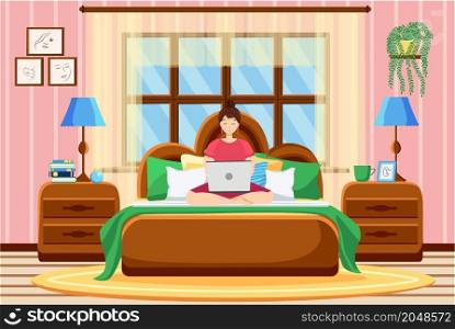 A young woman works remotely from home.The woman is lying on the bed and working on a laptop. Flat cartoon character.. A young woman works remotely from home.The woman is lying on the bed and working on a laptop.