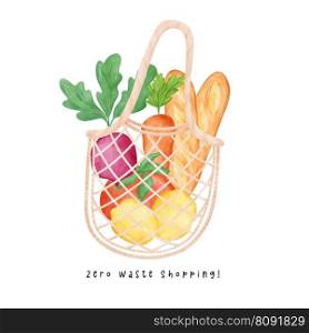 A Zero waste eco friendly shopping bag full of fesh vegetables watercolor hand drawing illustration, bring your own bag.