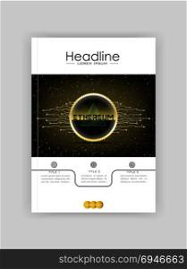 A4 brochure cover design. Ad banner for financial report. Ethereum text coin cryptocurrency blockchain. Yellow black background with futuristic lines and space theme. Text frame surface. Vector.