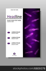 A4 Medical, scientific, academic journal cover design with bacteria in purple luminescence. Banner, report, magazine, conference. Virus, flagellum bacteria, microbe, germ background. Vector.