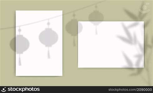 A4 paper mockup with overlay leaves shadow from window. Bamboo and chinese lanterns transparent reflection on green background. Realistic vector template for poster, flyer and post.