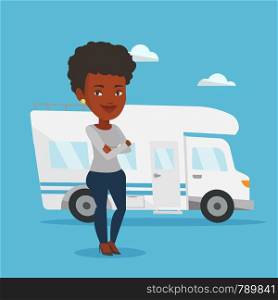 Aafrican-american woman enjoying her vacation in motor home. Woman standing with arms crossed in front of motor home. Woman traveling by motor home. Vector flat design illustration. Square layout.. Woman standing in front of motor home.