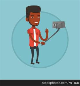Aafrican man making selfie with a selfie-stick. Man making selfie with cellphone. Young man making selfie and waving his hand. Vector flat design illustration in the circle isolated on background.. Man making selfie vector illustration.