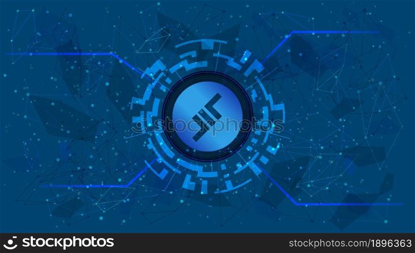 Aave token symbol of the DeFi project in a digital circle with a cryptocurrency theme on a blue background. Lend cryptocurrency icon. Decentralized finance programs. Copy space. Vector EPS10.