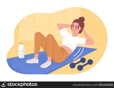 Ab exercises with dumbbells 2D vector isolated illustration. Young woman training abdominal muscles flat character on cartoon background. Colourful editable scene for mobile, website, presentation. Ab exercises with dumbbells 2D vector isolated illustration
