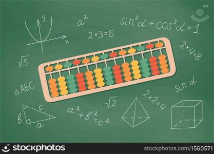 Abacus soroban for learning mental arithmetic for kids. Concept of illustration of the Japanese system of mental math. Hand drawn vector illustration on school chalkboard background. Abacus soroban for learning mental arithmetic for kids. Concept of illustration of the Japanese system of mental math.