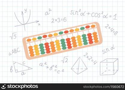 Abacus soroban for learning mental arithmetic for kids. Concept of illustration of the Japanese system of mental math. Hand drawn vector illustration on notebook sheet in a cage. Abacus soroban for learning mental arithmetic for kids. Concept of illustration of the Japanese system of mental math.