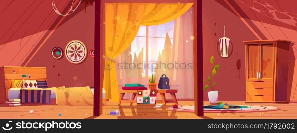 Abandoned bohemian bedroom on attic, messy interior, neglected boho room with scattered rubbish, old furniture, cracked walls, spider web on ceiling, deserted home or hotel Cartoon vector illustration. Abandoned bohemian bedroom, messy boho interior