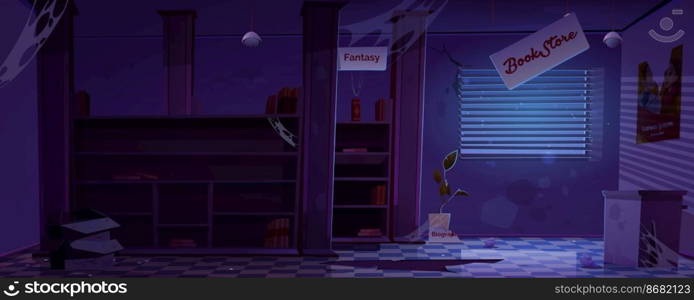 Abandoned bookstore interior at night. Dilapidated book shop or library room with spider web on empty shelves, broken walls, floor with holes and torn placard in darkness, Cartoon vector illustration. Abandoned bookstore interior at night darkness