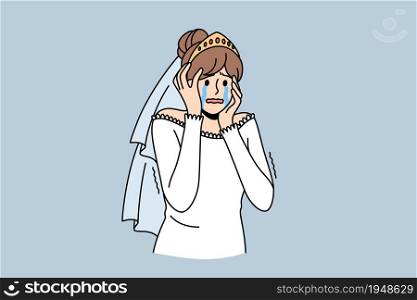Abandoned bride, deception, betrayal concept. Young sad depressed crying woman wife or bride standing touching face feeling shocked and unhappy vector illustration. Abandoned bride, deception, betrayal concept