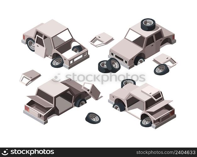 Abandoned cars. Damaged rusty old metalic vehicles scrap broken cars garish vector isometric illustrations. Automobile damaged, auto old and broken. Abandoned cars. Damaged rusty old metalic vehicles scrap broken cars garish vector isometric illustrations