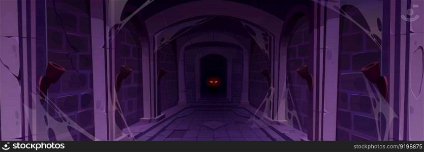 Abandoned castle cave for medieval game cartoon. Creature eye glow in corridor. Dark spooky masonry stone wall in palace underground dungeon corridor. Halloween scary horror fantasy jail front view.. Abandoned castle cave for medieval game cartoon