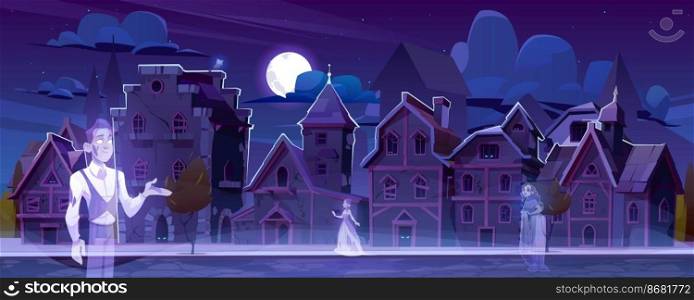 Abandoned city with ghosts walking in darkness along antique dilapidated medieval buildings under full moon glow in sky. Scary halloween scene with creepy dead characters, Cartoon vector illustration. Abandoned city with ghosts walking in darkness
