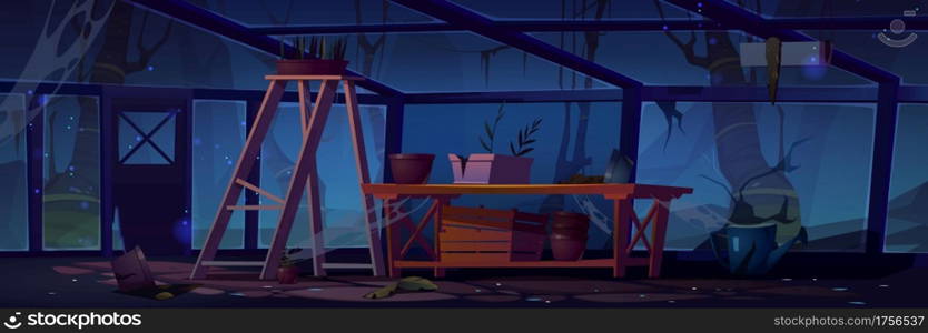 Abandoned greenhouse at night, dilapidated scary interior with broken furniture, potted plants. Empty garden, large dark orangery with glass walls and creepy trees around. Cartoon vector illustration. Abandoned greenhouse at night, scary interior