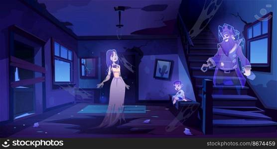 Abandoned house hall with ghosts walking in darkness. Scary corridor with doors, stairs and window. Old interior with moonlight falling on floor, halloween spooky scene. Cartoon vector illustration. Abandoned house hall with ghosts walk in darkness