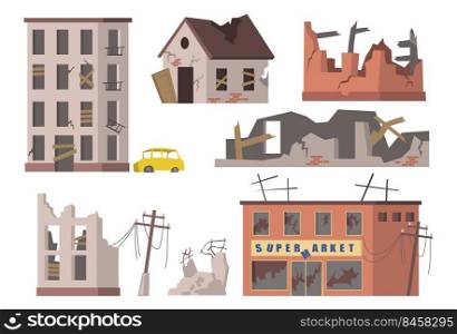 Abandoned houses set. Old ruined city buildings, apartment houses and supermarkets debris, torn power lines. Vector illustrations collection for disaster, collapse, earthquake concept