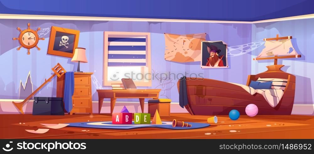 Abandoned kids bedroom in pirate style, neglected empty interior with ship bed, captain portrait, spiderweb on wall, ragged wallpaper, children room with scattered rubbish, cartoon vector illustration. Abandoned kids bedroom in pirate style, interior