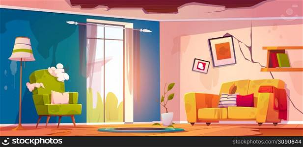 Abandoned living room interior, neglected apartment with cracked wall, holes in ceiling or floor, old broken furniture, deserted home or hotel after war or natural disaster Cartoon vector illustration. Abandoned living room interior neglected apartment