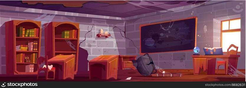Abandoned magic school, empty classroom interior with broken furniture, cracked walls, wooden desks and spider webs on blackboard with chalk writings, crushed cauldron, Cartoon vector illustration. Abandoned magic school, empty classroom interior