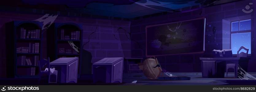 Abandoned magic school, night classroom interior with broken furniture, cracked walls, wooden desks and spider webs on blackboard with chalk writings, crushed cauldron, Cartoon vector illustration. Abandoned magic school, night classroom interior