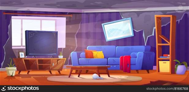 Abandoned messy living room interior with dirty sofa cartoon vector illustration. Broken tv and furniture, disorder at home chaos and untidy couch background. Empty cluttered apartment, office lounge. Abandoned messy living room interior, dirty sofa