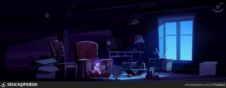 Abandoned night attic room with ghost boy, old kids toys and furniture in darkness. Scary interior with moonlight falling on floor through window, halloween spooky scene. Cartoon vector illustration. Abandoned night attic with ghost boy, spooky scene
