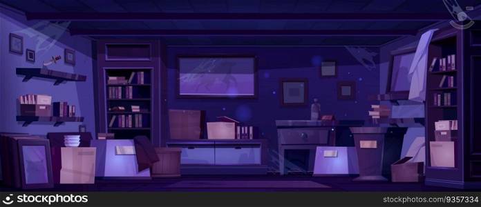 Abandoned old room with furniture and stuff. Vector cartoon illustration of mysterious night house with cobweb on walls, dusty books on shelves of vintage bookcases, packed moving boxes on floor. Abandoned old room with furniture and stuff