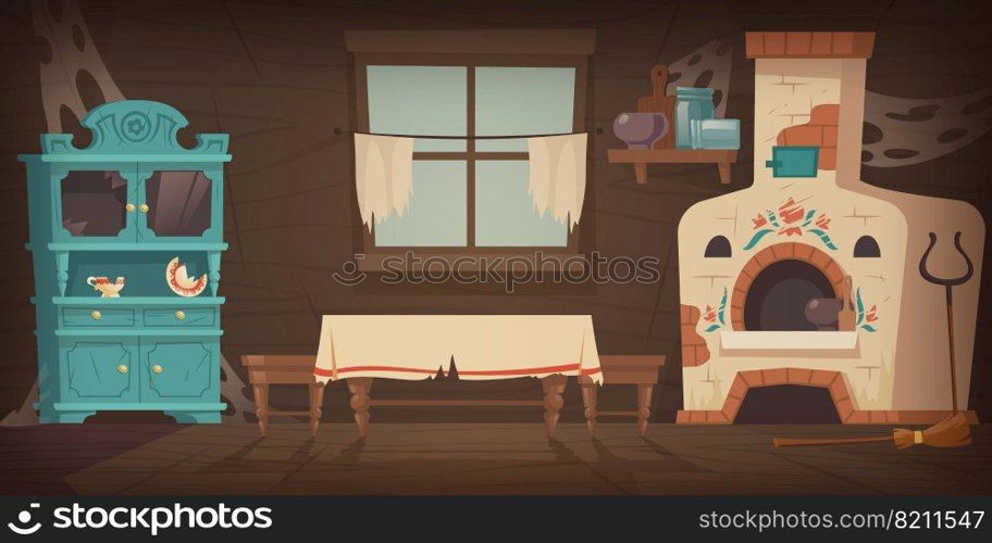 Abandoned old russian, ukrainian rural house with oven, dirty cupboard and table, torn curtains on the window. Vector cartoon illustration of empty wooden room, traditional russian kitchen with stove. Abandoned old russian, ukrainian rural house