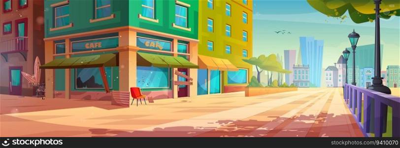 Abandoned outdoor street cafe exterior cartoon illustration. Summer city near park with neglected restaurant and broken window glass. Closed bistro building facade architecture area cityscape scene. Abandoned outdoor street cafe exterior cartoon