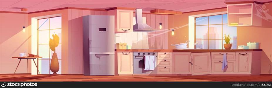 Abandoned retro kitchen, empty interior with broken or cracked wooden furniture, dirty stuff table, oven, range hood, fridge, decrepit cooking equipment and spiderweb, Cartoon vector illustration. Abandoned retro kitchen, empty decrepit interior