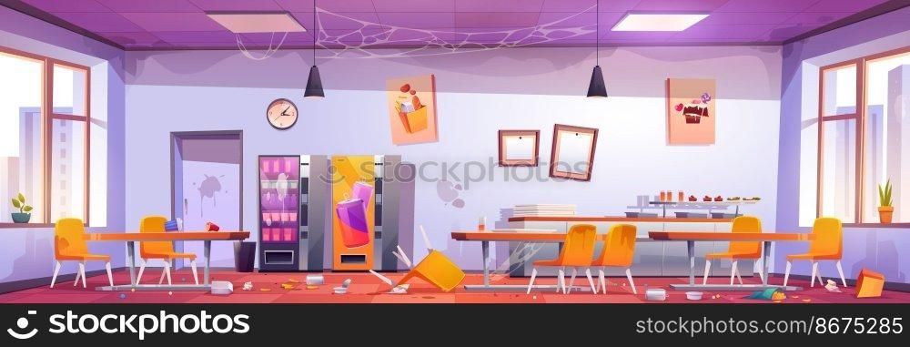 Abandoned school cafe, crashed university canteen, dirty dining room with spider webs on walls, scattered rubbish and broken furniture, tables and chairs, vending machines, Cartoon vector illustration. Abandoned school cafe, crashed university canteen