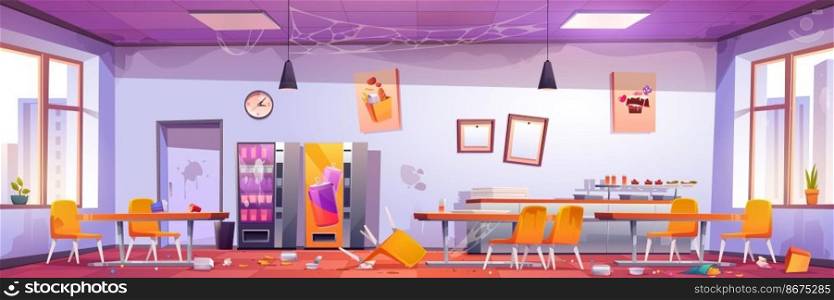 Abandoned school cafe, crashed university canteen, dirty dining room with spider webs on walls, scattered rubbish and broken furniture, tables and chairs, vending machines, Cartoon vector illustration. Abandoned school cafe, crashed university canteen
