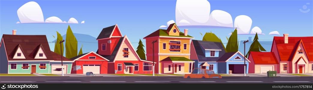 Abandoned suburb houses, suburban street with old residential cottages with boarded up windows and doors, holes in walls and destroyed cars, countryside neglected buildings Cartoon vector illustration. Abandoned suburb houses, suburban neglected street