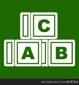 ABC cubes icon white isolated on green background. Vector illustration. ABC cubes icon green