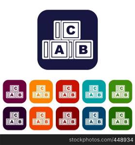 ABC cubes icons set vector illustration in flat style In colors red, blue, green and other. ABC cubes icons set flat