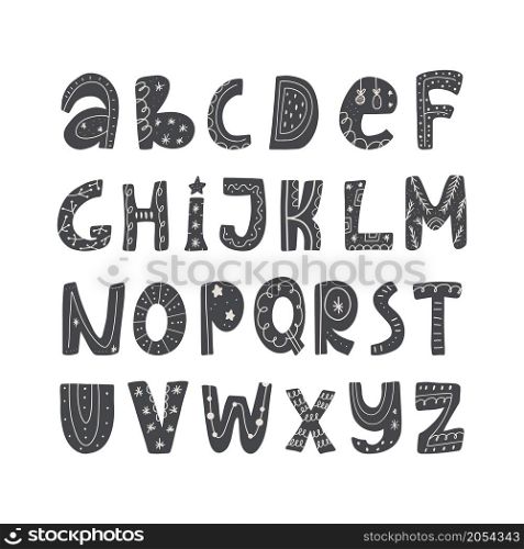 Abc Cute christmas alphabet. Hand drawing font for children. Flat isolated Vector illustration.. Abc Cute christmas alphabet. Hand drawing font for children. Flat isolated vector illustration