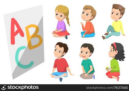 ABC education in kindergarten vector, isolated boy and girl sitting on floor listening attentively. Kids getting knowledge learning to read and write, back to school concept. Flat cartoon. ABC Children Boys and Girls in Kindergarten Vector