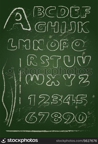 ABC - English alphabet written on a blackboard in white chalk - Handwritten grunge letters and numerals