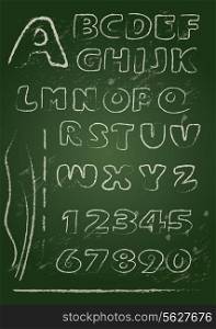 ABC - English alphabet written on a blackboard in white chalk - Handwritten grunge letters and numerals