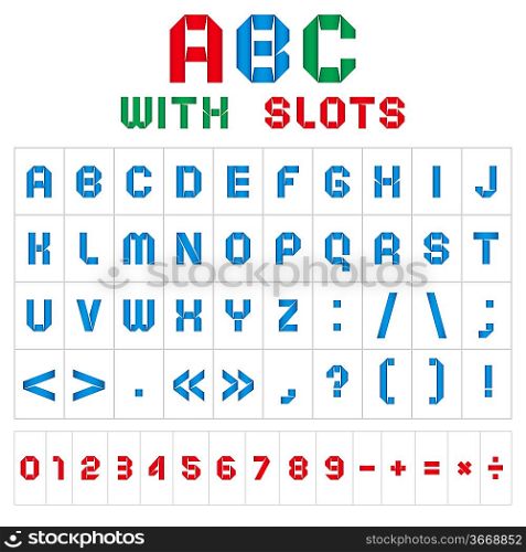 ABC font with slots, color on white background