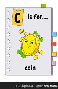ABC game for kids. Word and letter. Learning words for study English. Cartoon character. Color vector illustration.