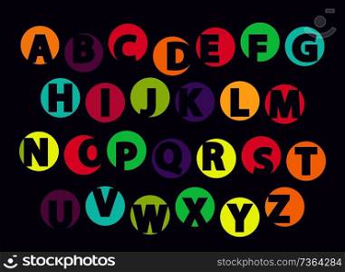 ABC letters, color font s&le isolated on black background. English alphabet capital signs, creative typography symbols in flat style design, vector. ABC Letters, Color Font S&le Isolated on Black