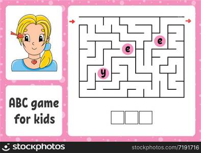 ABC maze for kids. Answer ear. Rectangle labyrinth. Activity worksheet. Puzzle for children. Cartoon style. Logical conundrum. Color vector illustration.. ABC maze for kids. Answer eye. Rectangle labyrinth. Activity worksheet. Puzzle for children. Cartoon style. Logical conundrum. Color vector illustration.