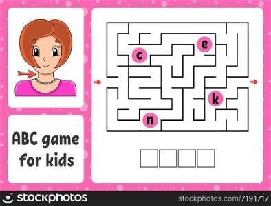 ABC maze for kids. Answer ear. Rectangle labyrinth. Activity worksheet. Puzzle for children. Cartoon style. Logical conundrum. Color vector illustration.. ABC maze for kids. Answer neck . Rectangle labyrinth. Activity worksheet. Puzzle for children. Cartoon style. Logical conundrum. Color vector illustration.
