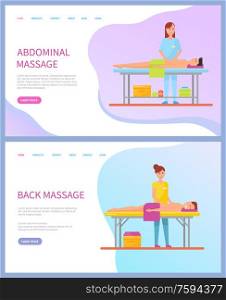Abdominal and back massage service online order vector. Masseuse and client on table under towel, beauty and health, medical and relaxing procedures. Abdominal and Back Massage Service Online Order