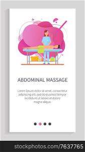 Abdominal massage performed by masseuse vector, lady wearing special uniform caring for client, person on table relaxing in spa salon treatment. Website or app slider template, landing page flat style. Abdominal Massage, Client Relaxing in Spa Salon