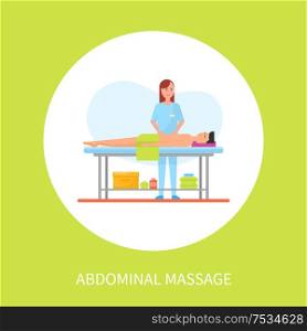 Abdominal medical massage session cartoon vector poster in circle. Standing masseuse in uniform massaging patient lying on table covered by towel. Abdominal Medical Massage Session Cartoon Poster