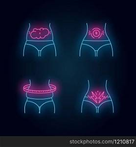 Abdominal pain neon light icons set. Bloating and flatulence. Female waist weight gain. Stomach ache. Predmenstrual syndrome. Period and PMS symptom. Glowing signs. Vector isolated illustrations