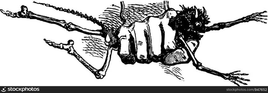 Abominations, a corpse with his feet in chain and heart pierced with nail, vintage engraved line art illustration. Infernal Dictionary 1863.