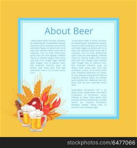 About Beer Poster with Text on Light Blue Square. About beer poster with text on light blue square and orange background. Vector illustration of fried fish, slice of meat, two mugs and lobster